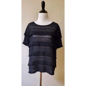 Joie Rafel Fringe Knit Top Blouse Black Size Large